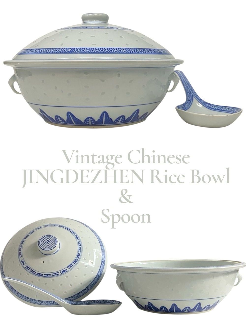 Vintage Chinese JINGDEZHEN Rice Eye Porcelain Serving Soup Rice Bowl Lid Spoon